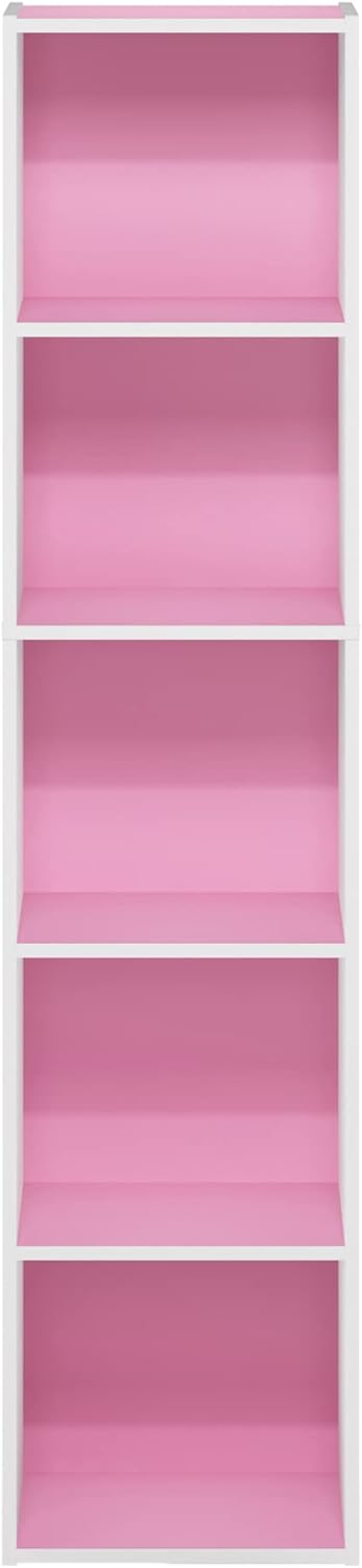 Furinno Luder Bookcase / Book / Storage, 5-Tier Cube, Pink/White