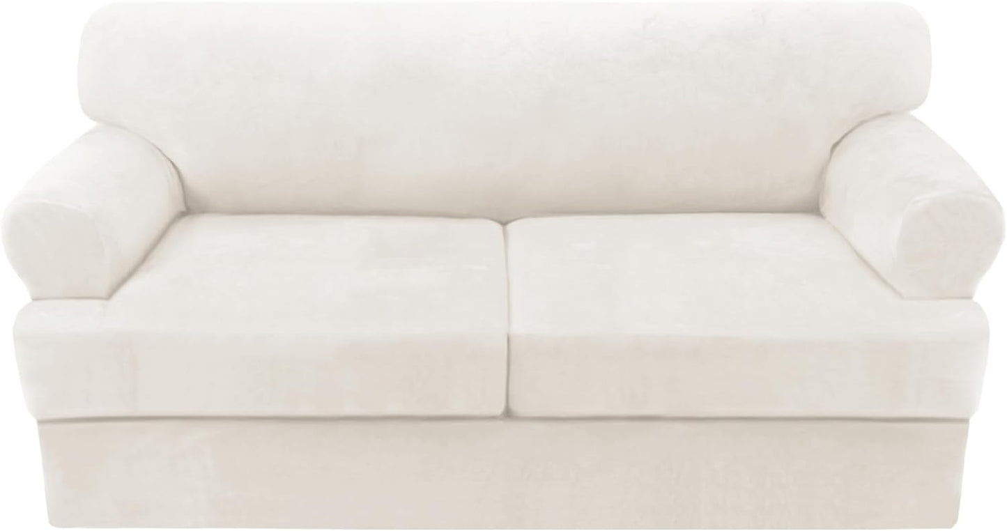 H.VERSAILTEX Sofa Cover 3 Piece T Cushion Loveseat Slipcovers Thick Velvet Couch Cover Stretch T Cushion Sofa Covers for 2 Cushion Couch with 2 Individual T Cushion Covers, Porcelain
