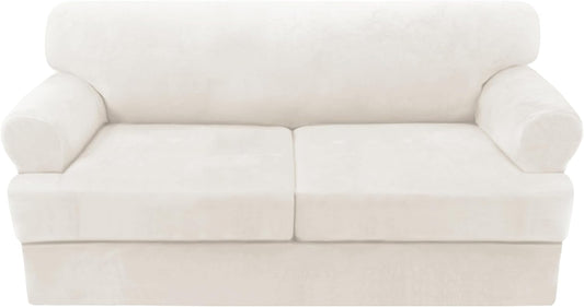 H.VERSAILTEX Sofa Cover 3 Piece T Cushion Sofa Slipcovers Thick Velvet Couch Cover Stretch T Cushion Sofa Covers for 2 Cushion Couch with 2 Individual T Cushion Covers, Porcelain