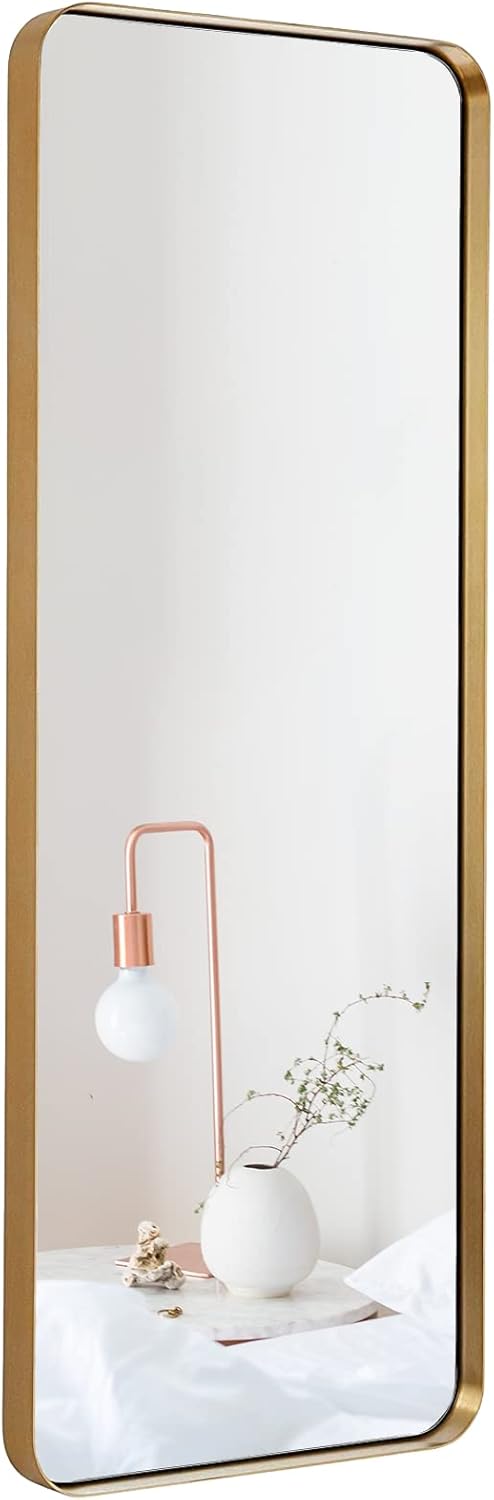 Gold Rectangular Mirror 48 inch Tall | Wall Mounted or Free Standing Floor Mirror | Full Size with Stainless Steel Frame and Rounded Corners | Full Length Mid Century Modern Design by Wall Charmers
