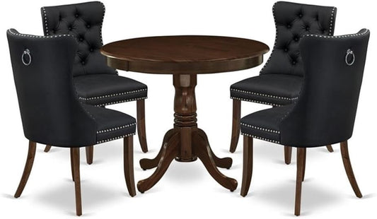 East West Furniture ANDA5-AWA-12 5 Piece Kitchen Table Set Includes a Round Dining Table with Pedestal and 4 Polyester Fabric Upholstered Parson Chairs, 36x36 Inch, Antique Walnut