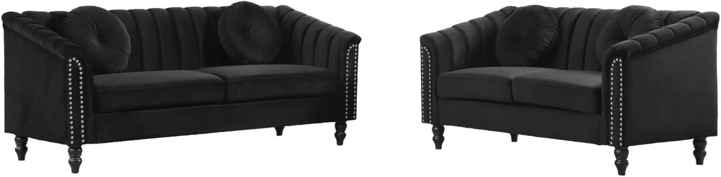 Sectional Sofa Set, Microfiber Chesterfield Upholstered Sofas Loveseat Couch Chair Sets with Style Button Tufted, Scroll Arms and Nailhead for Living Room, Office, Apartment-Black,S