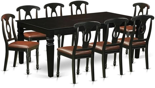 East West Furniture LGKE9-BLK-LC 9 Piece Dining Room Set Includes a Rectangle Kitchen Table with Butterfly Leaf and 8 Faux Leather Upholstered Dining Chairs, 42x84 Inch, Black