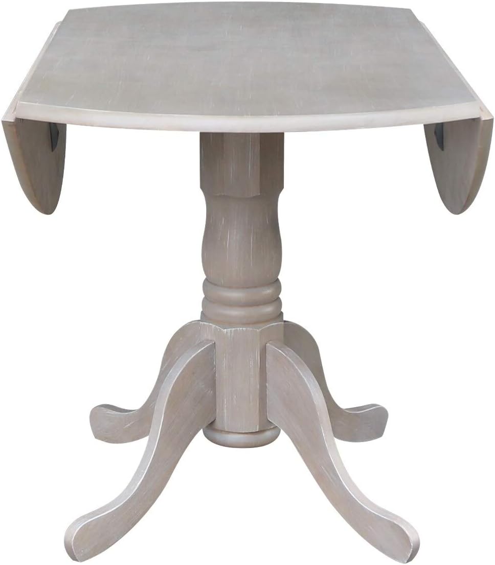 IC International Concepts, 42" Round Dual Drop Leaf Pedestal Dining Table, Solid Real Wood, Sturdy Parawood, Dimensions 42"D x 42"W x 29.5"H, 20mm thickness, 40lbs Weight Capacity, Washed Gray Taupe