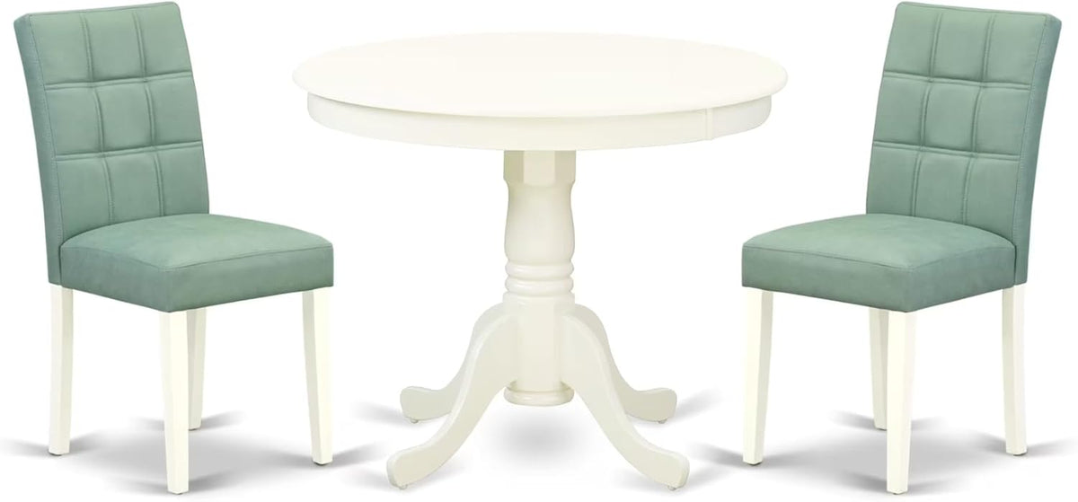 East West Furniture ANAS3-LWH-43 3 Piece Dining Table Set consists A Dinner Table and 2 Willow Green Polyester Fabric Parson Kitchen Chairs with Stylish Back- Linen White Finish