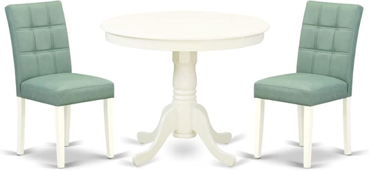 East West Furniture ANAS3-LWH-43 3 Piece Dining Table Set consists A Dinner Table and 2 Willow Green Polyester Fabric Parson Kitchen Chairs with Stylish Back- Linen White Finish