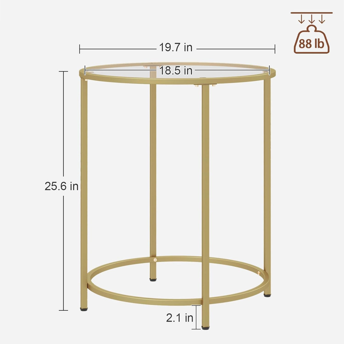 19.7’’ Round Glass End Table, Round Bedside Table with Tempered Glass Top, Gold Glass Side Table with Metal Frame, Modern Round End Table for Living Room Balcony Bedroom Porch Patio