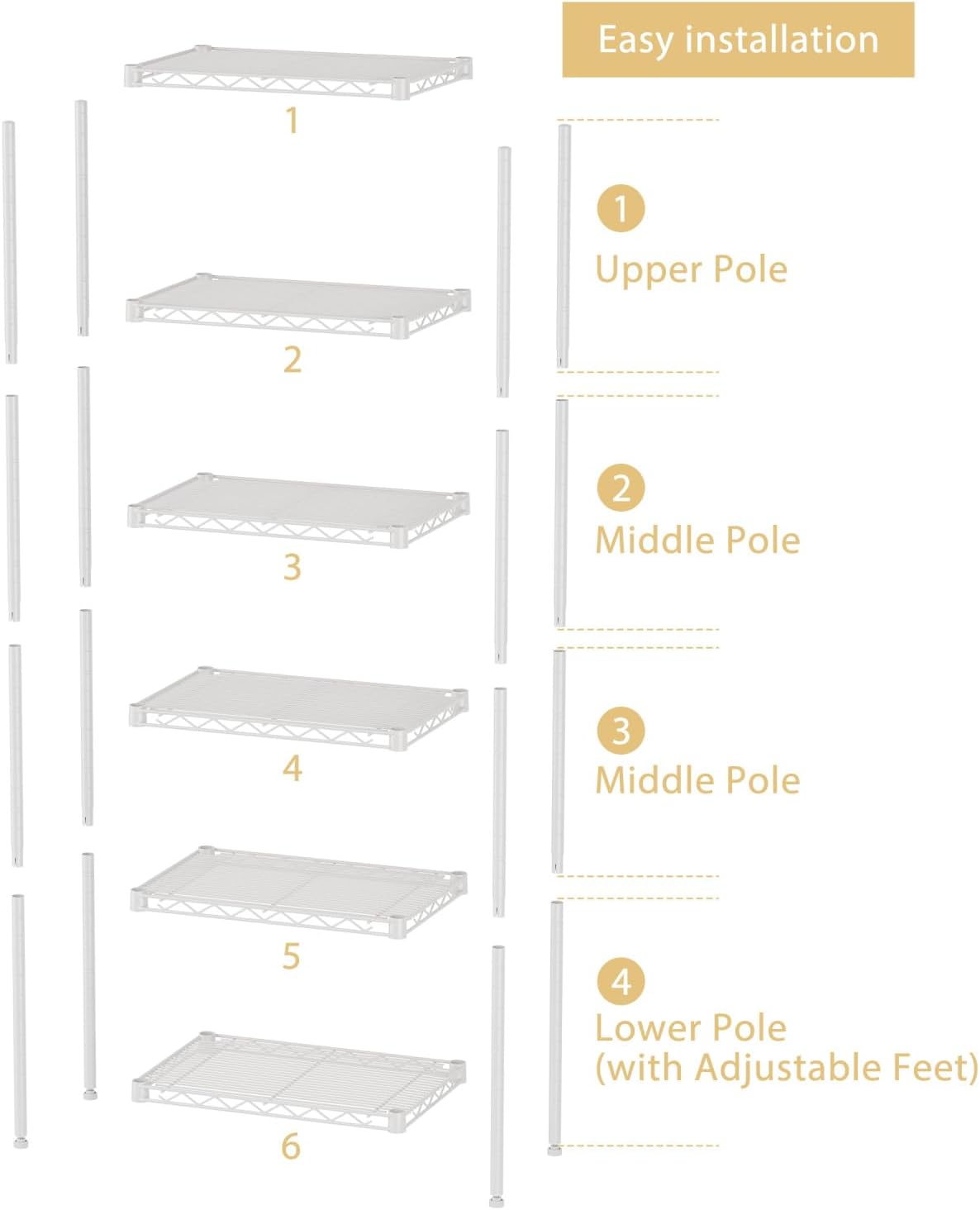 SINGAYE 6 Shelves Storage Shelf Wire Closet Bathroom Organizers Metal Pantry Kitchen Small Garage Shelving Unit Laundry Room Organization Home Narrow Rack Net Basket with Wheels White