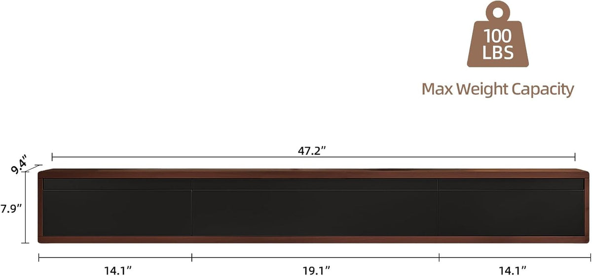 Floating TV Stand Matte Finish, 47'' Wall-Mounted TV Cabinet,Floating TV Console,Under TV Shelf with 3 Doors for Living Room Bedroom(Walnut+Black)