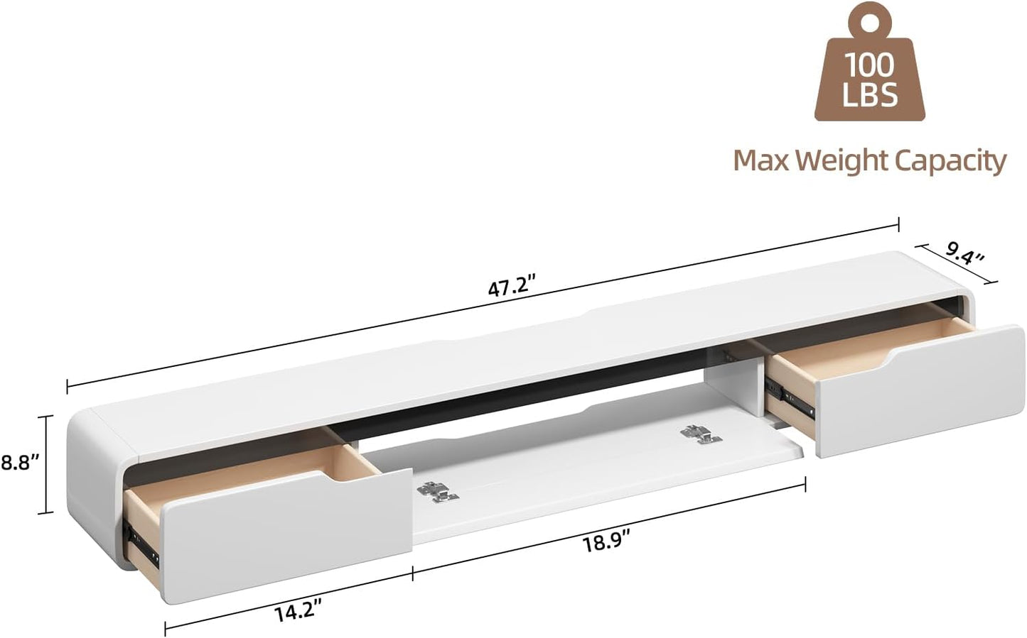 Fully-Assembled Floating TV Stand, 47IN High Gloss Wall Mounted Entertainment Center, Modern Media Console with Storage, Under TV Shelf for Bedroom Living Room White