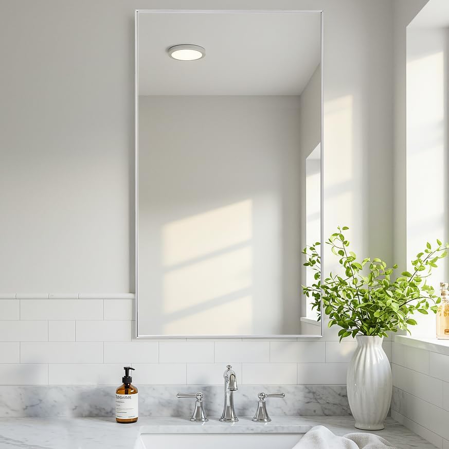 20x40 Inch Silver Bathroom Mirror - Copper-Free Mirror, Aluminum Alloy Frame Vanity Rectangle Wall Mounted Modern Mirror for Bedroom/Living Room/Porch Horizontal or Vertical