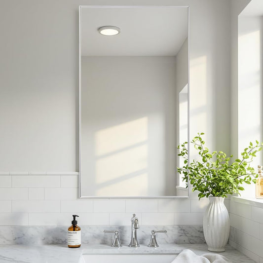 20x40 Inch Silver Bathroom Mirror - Copper-Free Mirror, Aluminum Alloy Frame Vanity Rectangle Wall Mounted Modern Mirror for Bedroom/Living Room/Porch Horizontal or Vertical