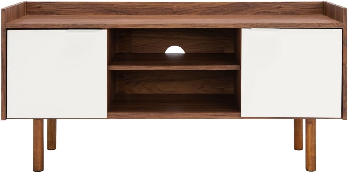 SAFAVIEH Diara TV Stand for up to 55" Flatscreen – Walnut & White, 2 Doors with Interior Storage, 2 Open Shelves, Entertainment Media Console (MED9603A)