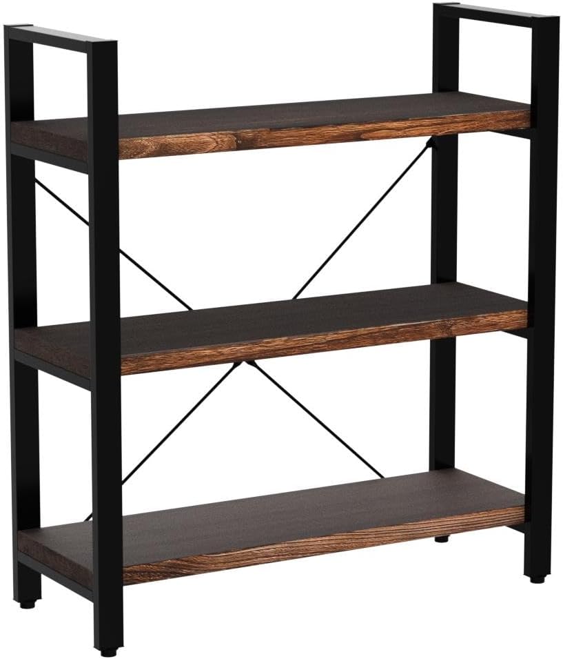 Natural Real Solid Wood Bookcase,3 Tier Metal and Wood Open Book Shelf Storage Farmhouse Wide Etagere Bookcase for Office Living Bedroom