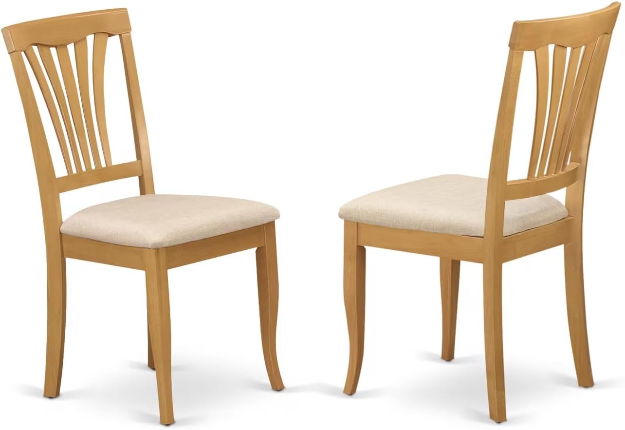 East West Furniture ANAV3-OAK-C 3 Piece Dining Room Table Set Contains a Round Wooden Table with Pedestal and 2 Linen Fabric Kitchen Dining Chairs, 36x36 Inch, Oak