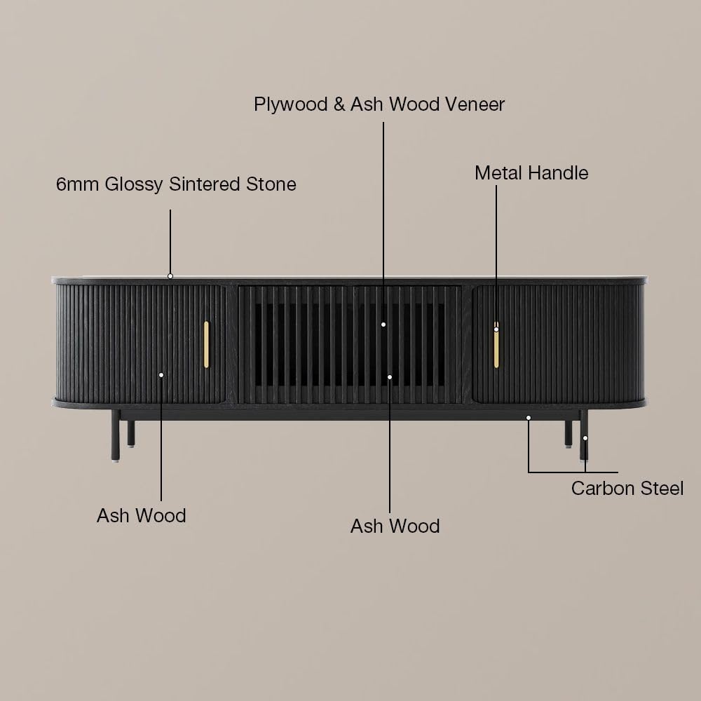 POVISON Fully-Assembled Mid Century Modern Black TV Stand with White Glossy Sintered Stone Tabletop & LED Lights, Rolling Door Media Console, Wood TV Console for Living Room