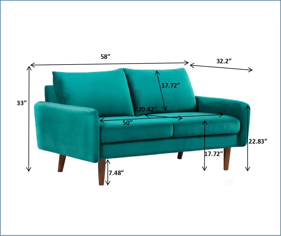 Container Furniture Direct Kent Velvet Loveseat Sofa for Modern Living Rooms and Compact Spaces, Comfy 2 Seater Couch Studio Apartment Furniture with Sleek Design, Greenish Blue