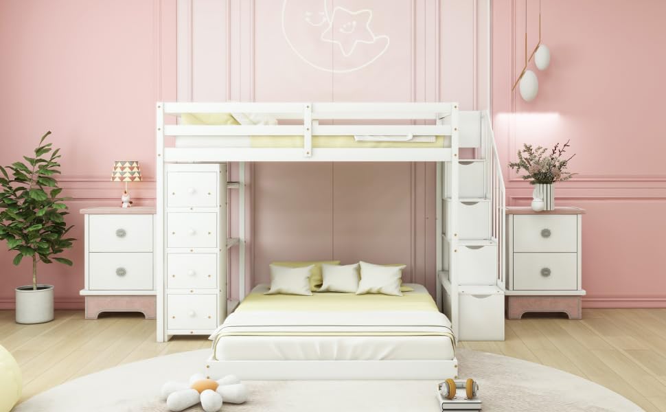 Twin Over Full Bunk Bed with 3-Layer Shelves,Wood L-Shape High Loftbed Frame W/ 4 Drawers & Storage Stairs,No Box Spring Required,Slats Support,for Kids Teens Adults,White