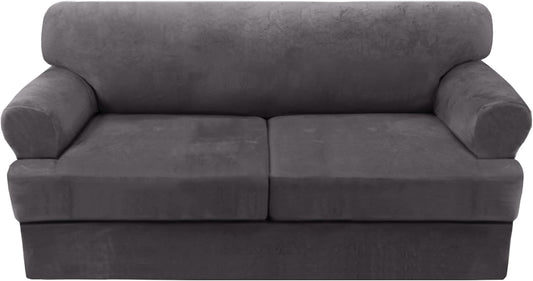 H.VERSAILTEX Sofa Cover 3 Piece T Cushion Sofa Slipcovers Thick Velvet Couch Cover Furniture Protector Stretch T Cushion Sofa Covers for 2 Cushion Couch with 2 T Cushion Covers Washable, Grey