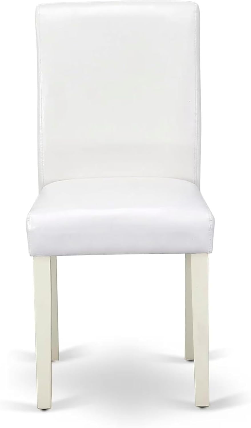 East West Furniture ANAB3-LWH-64 3 Piece Modern Dining Table Set Contains a Round Kitchen Table with Pedestal and 2 White Faux Leather Upholstered Chairs, 36x36 Inch, Linen White