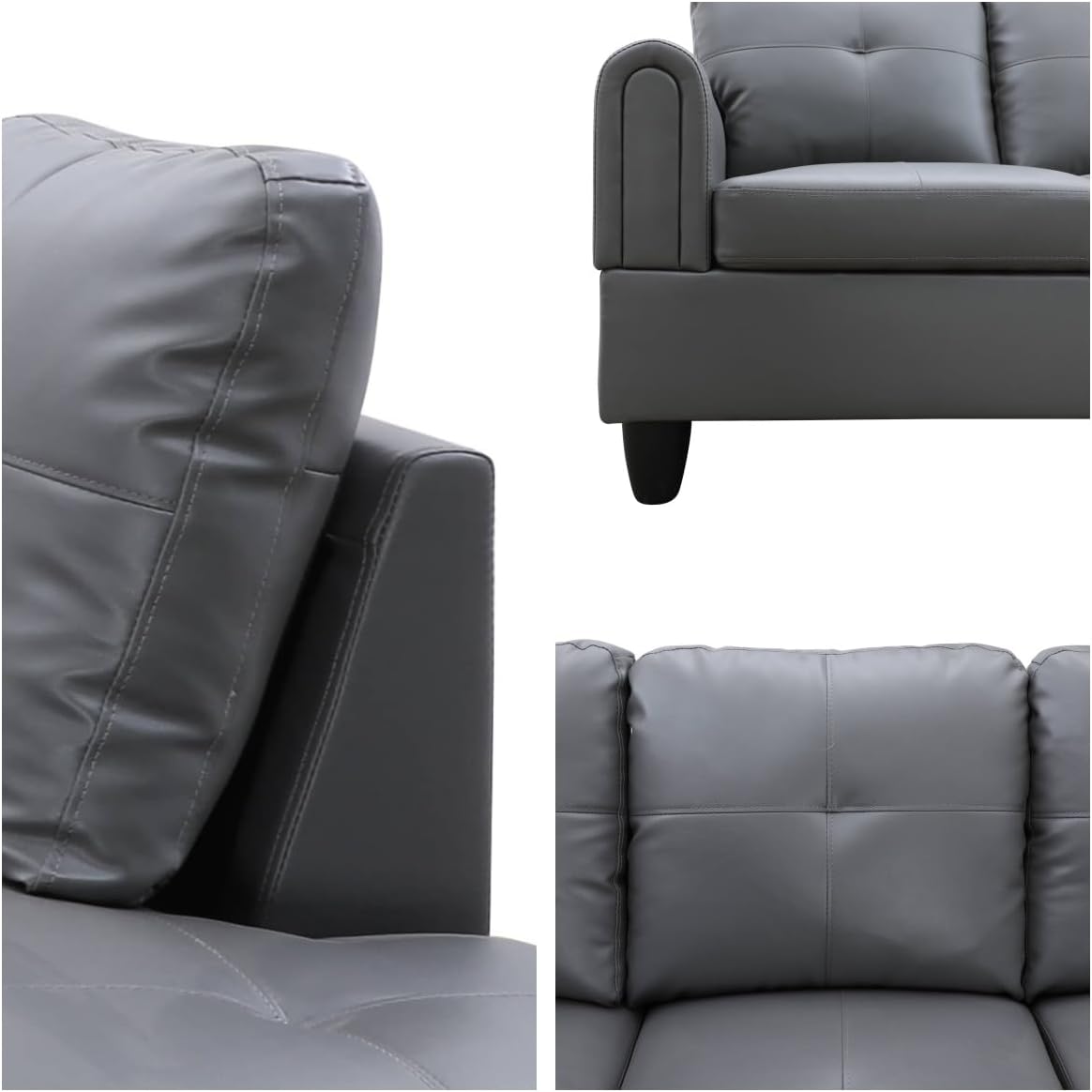 Convertible Leather Sectional Couch, Modern L Shaped Couch with Storage, Large Modular 5-Seat Sectional Sofa with Ottomans for Living Room and Office, Dark Grey