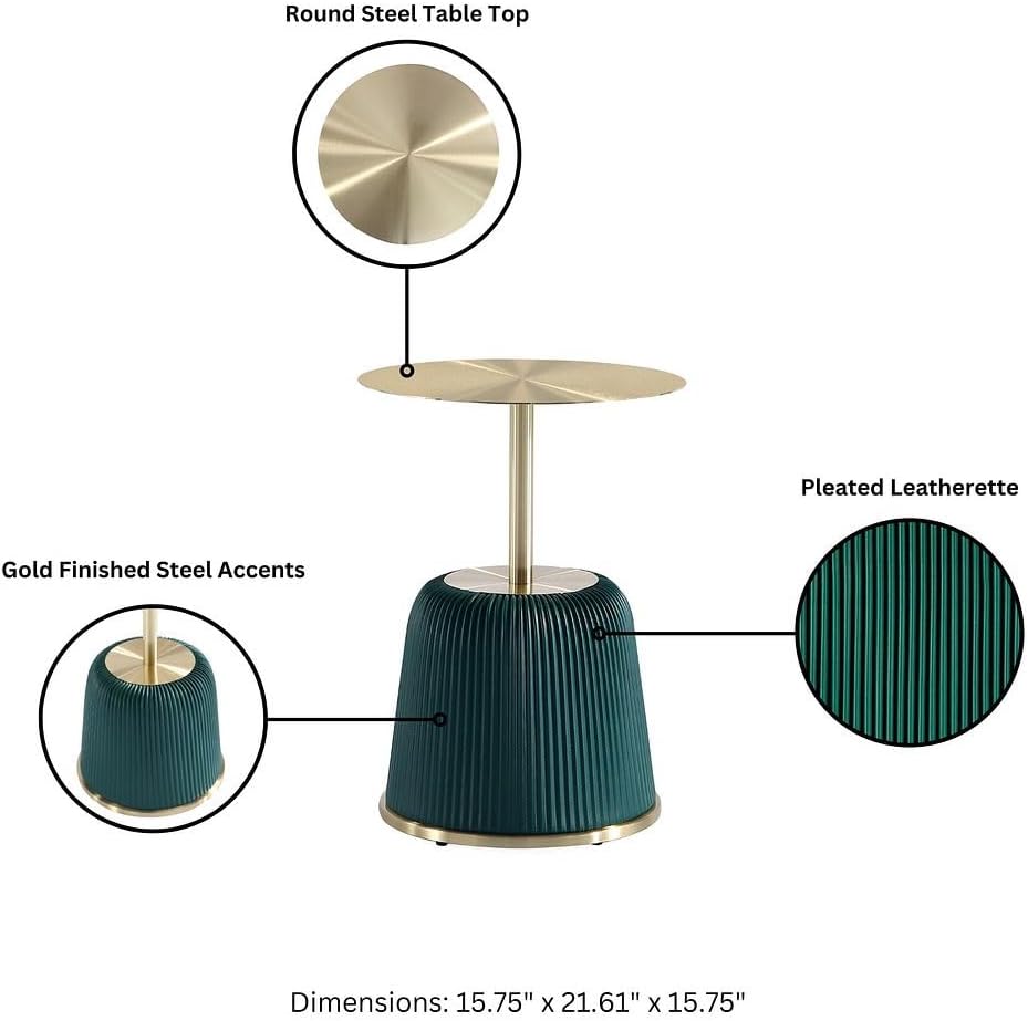 Manhattan Comfort Anderson Modern 15.75" Round End Tables 1.0 - Elegant Leatherette Upholstered Base with Pleated Design & Gold Steel Tabletop, Fully Assembled Accent Furniture, Set of 2, Green