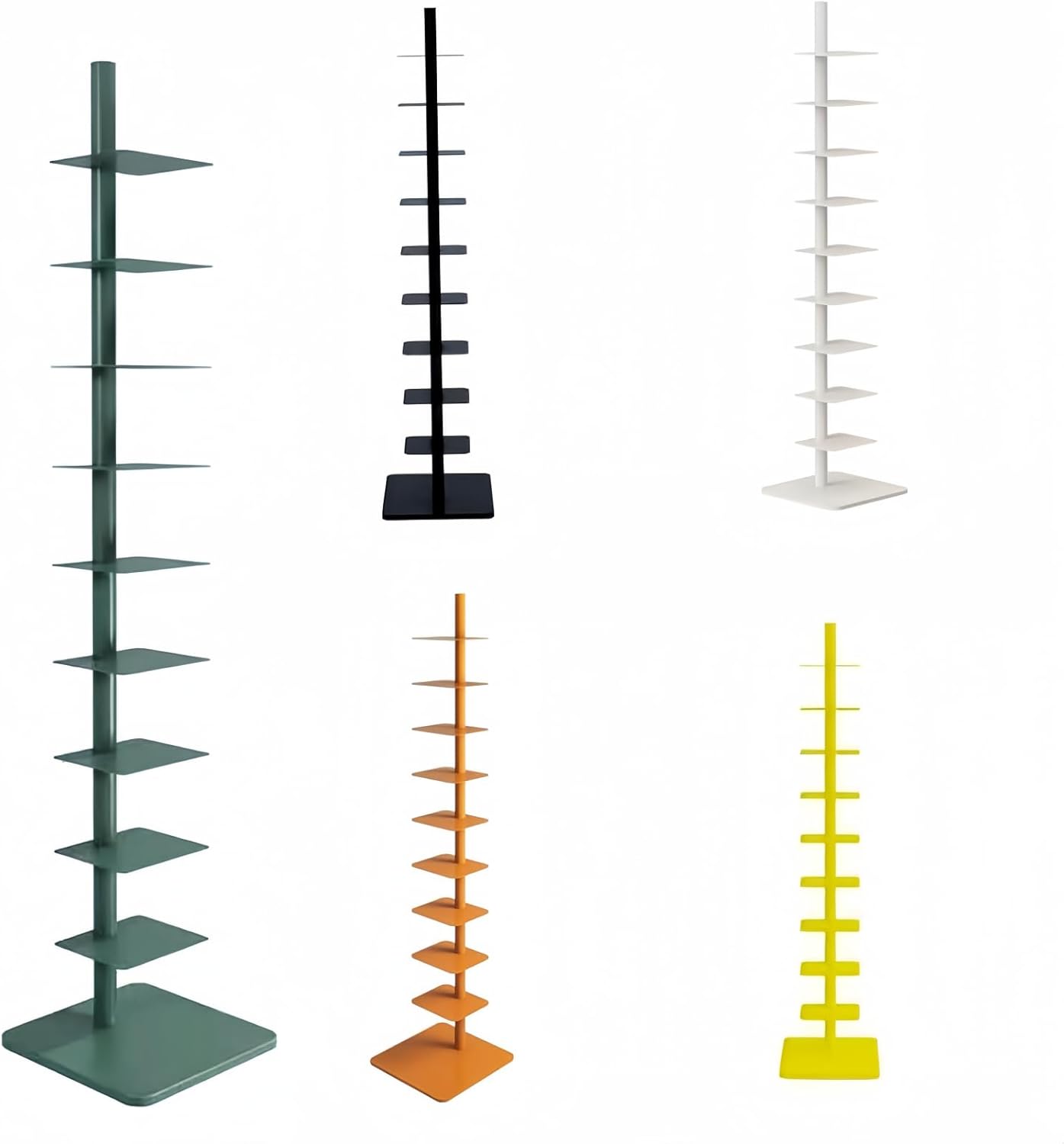 9-Tier Spine Bookshelf Metal Bookcase 5 Colors Vertical Bookshelf Tower Rotating Tall Narrow Book Shelf Ladder Book Rack Indoor (Green)