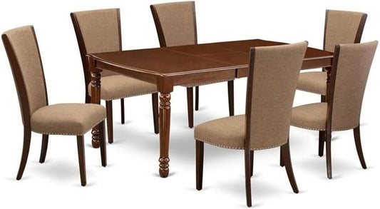 East West Furniture DOVE7-MAH-47 7 Piece Dining Table Set Consist of a Rectangle Butterfly Leaf Kitchen Table and 6 Light Sable Linen Fabric Parsons Chairs, 42x78 Inch, Mahogany