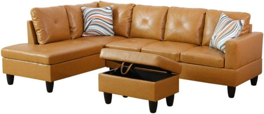 Ginger L-Shaped 3-Piece Faux Leather Sofa with Storage Ottoman Set, Sectional Couch Sofa Set for Living Room, Office, Small Space