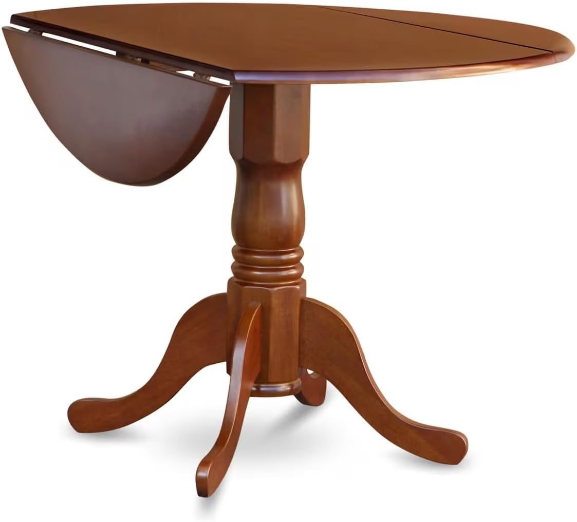 East West Furniture DLAV3-SBR-C 3 Piece Dining Room Table Set Contains a Round Dining Table with Dropleaf and 2 Linen Fabric Upholstered Chairs, 42x42 Inch, Saddle Brown