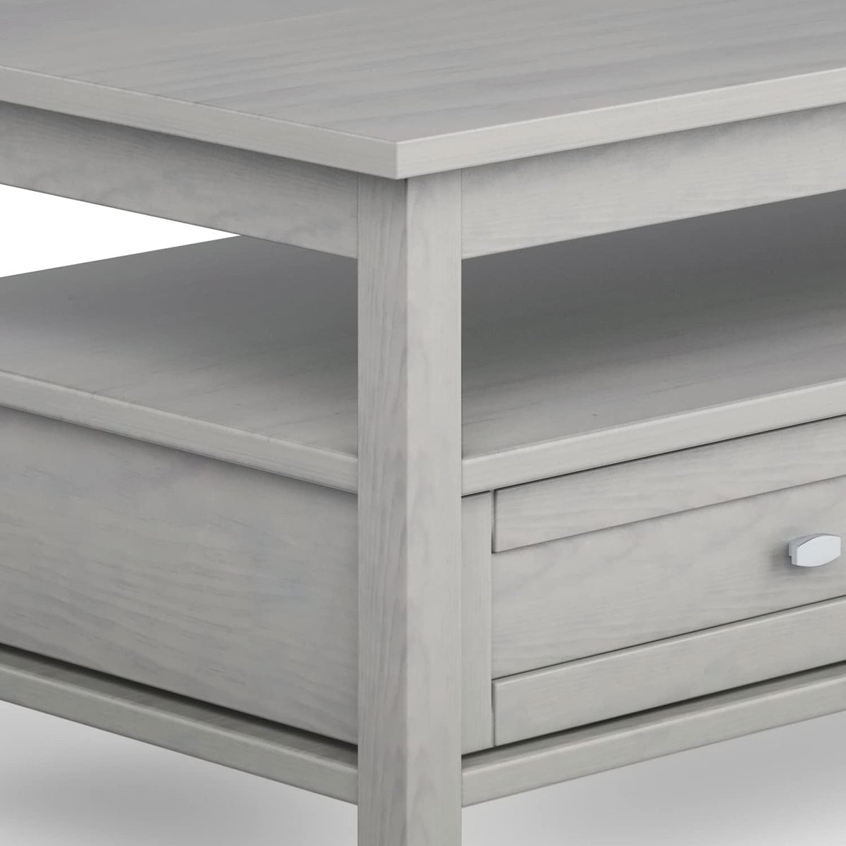SIMPLIHOME Warm Shaker Coffee Table - 48 inch Wide Solid Wood Cocktail Table in Fog Grey, Transitional Living Room Table with 2 Storage Drawers and Open Shelf for Sitting Area or Lounge