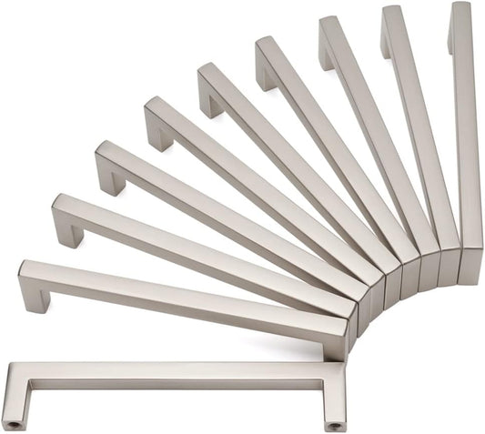 KOOFIZO Solid Square Bar Cabinet Handle - Brushed Nickel Furniture Pull, 5 Inch/128mm Screwhole Distance, 10-Pack for Kitchen Cupboard Door, Bedroom Dresser Drawer, Bathroom Wardrobe Hardware