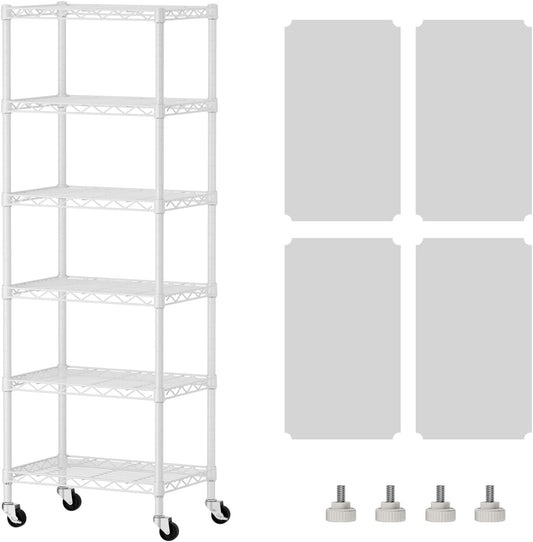 SINGAYE 6 Shelves Storage Shelf Wire Closet Bathroom Organizers Metal Pantry Kitchen Small Garage Shelving Unit Laundry Room Organization Home Narrow Rack Net Basket with Wheels White