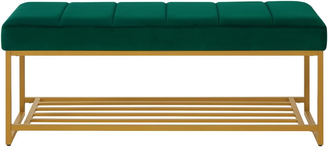 24KF Jade Velvet Upholstered End of Bed Bench with Metal Shelf, Modern Tufted Channel Entryway Bench Footboard Bench for Living Room, Bedroom, Gold Bench,5036-Jade