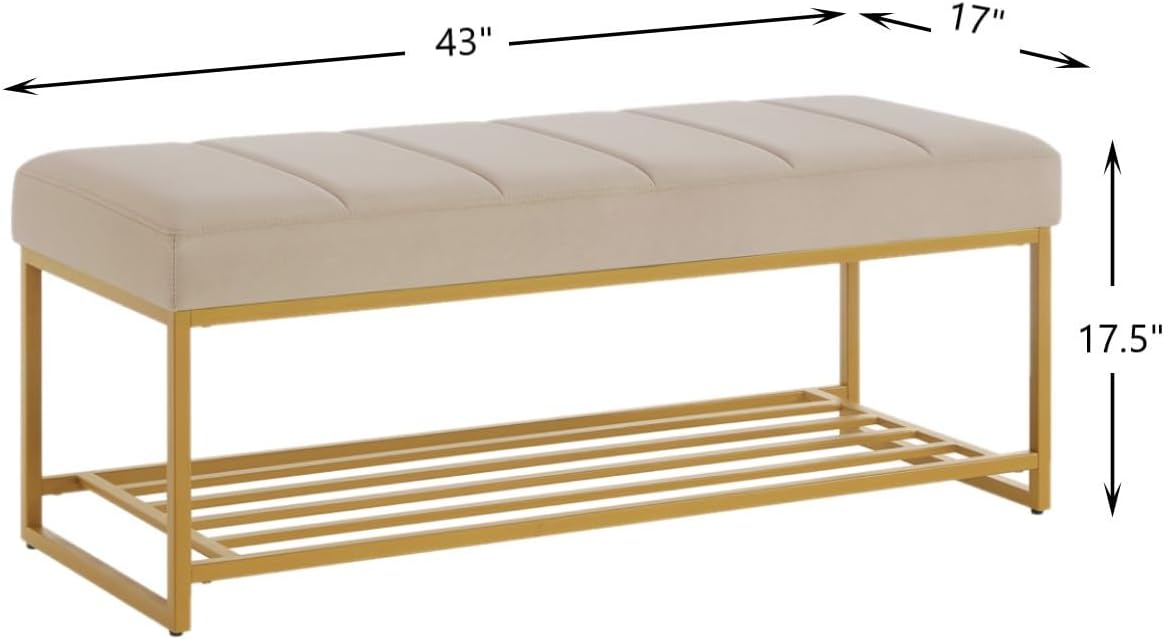 24KF Taupe Velvet Upholstered End of Bed Bench with Metal Shelf, Modern Tufted Channel Entryway Bench Footboard Bench for Living Room, Bedroom, Gold Bench,5036-Taupe