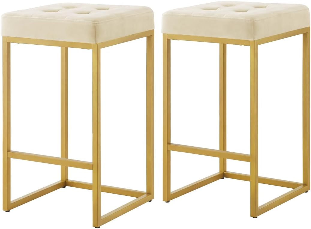 24KF Contemporary Counter Height Bar Stool Set of 2 for Kitchen Island, 26" H Velvet Padded Gold Barstool Bar Chair,5066-Cream