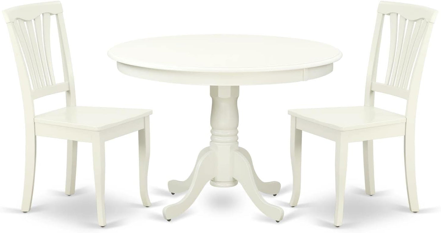 East West Furniture HLAV3-LWH-W 3 Piece Kitchen Table Set for Small Spaces Contains a Round Dining Room Table with Pedestal and 2 Dining Chairs, 42x42 Inch, Linen White