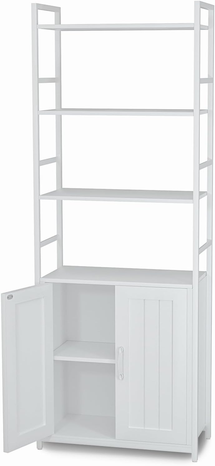 White Bookshelf with Doors,70" Tall Bookcase with Storage Cabinet,6 Tier Book Shelf for Living Room/Bedroom/Home Office/Kitchen,70"(H)*26"(L)*11.8"(W)