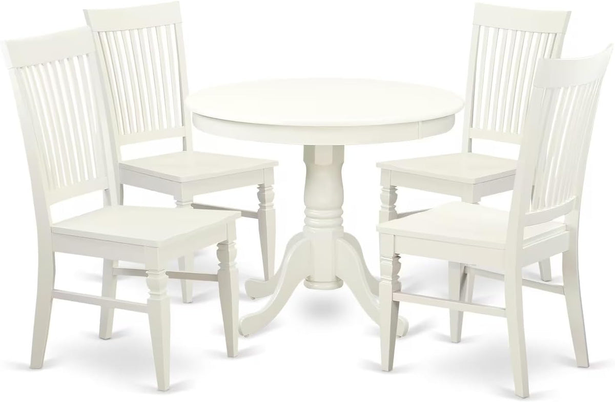 East West Furniture ANWE5-LWH-W 5 Piece Dining Room Table Set Includes a Round Kitchen Table with Pedestal and 4 Dining Chairs, 36x36 Inch, Linen White