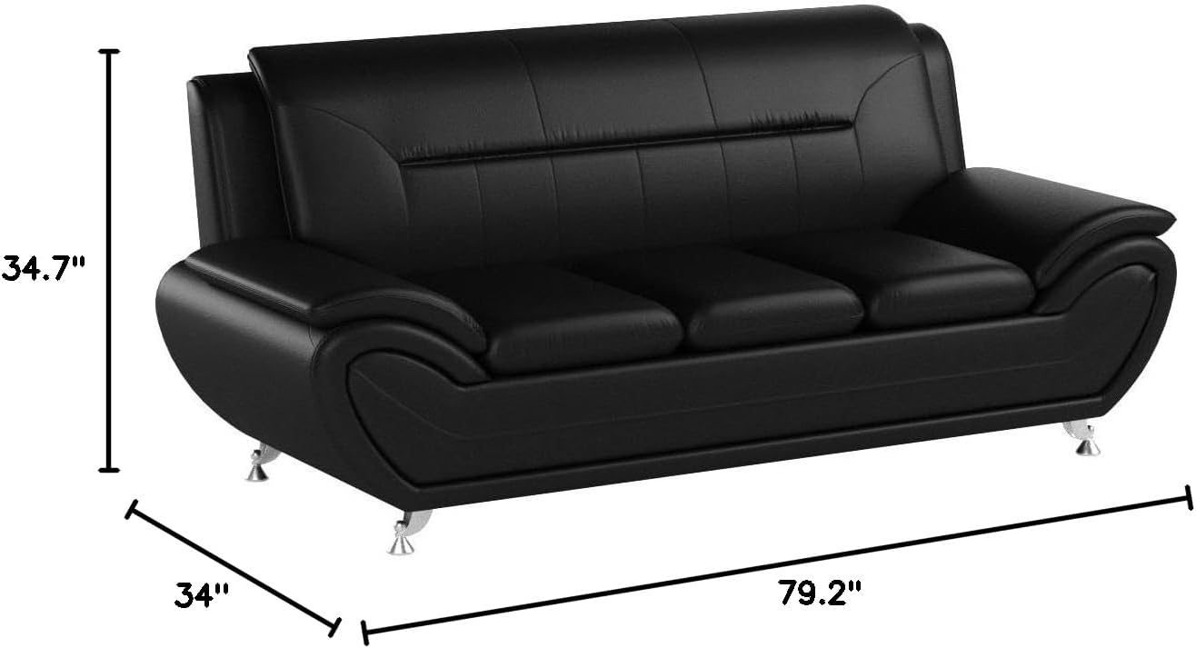 Container Furniture Direct Michael Modern Faux Leather Upholstered Stainless Steel Legs Living Room Sofa, Loveseat, Midnight