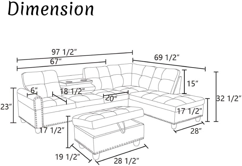 Modern Living Room Furniture Sets with Cup Holder, Modular Sectional Couches with Chaise Lounge, 4-Seaters L Shape Sofa with Storage Ottoman, for Living Room, Faux Leather, Black