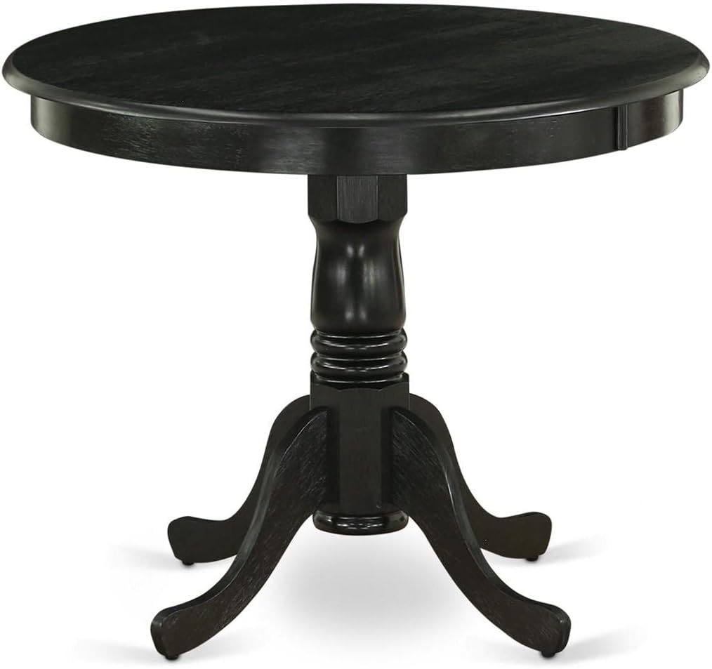 East West Furniture ANLA3-ABK-47 3 Piece Dining Room Furniture Set Contains a Round Kitchen Table with Pedestal and 2 Light Sable Linen Fabric Parson Dining Chairs, 36x36 Inch, Wirebrushed Black