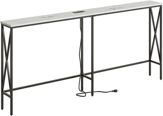 Masupu 70.9" Console Table with Power Outlet, Modern Narrow Long Sofa Table Behind Couch, Skinny Entry Table, Industrial Sofa Table with Metal Frame for Hallway, Living Room, White and Black