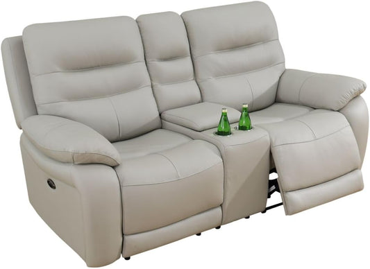 Electric Power Recliner Loveseat Genuine Breathing Leather Recliner Couch 2-Seater, Comfy Wide Lazy Top Grain Leather Sofa with USB Port, Center Console, Cup Holders (Grey, Two Seater Loveseat)