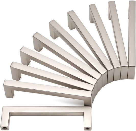 KOOFIZO Solid Square Bar Cabinet Handle - Brushed Nickel Furniture Pull, 3.8 Inch/96mm Screwhole Distance, 10-Pack for Kitchen Cupboard Door, Bedroom Dresser Drawer, Bathroom Wardrobe Hardware