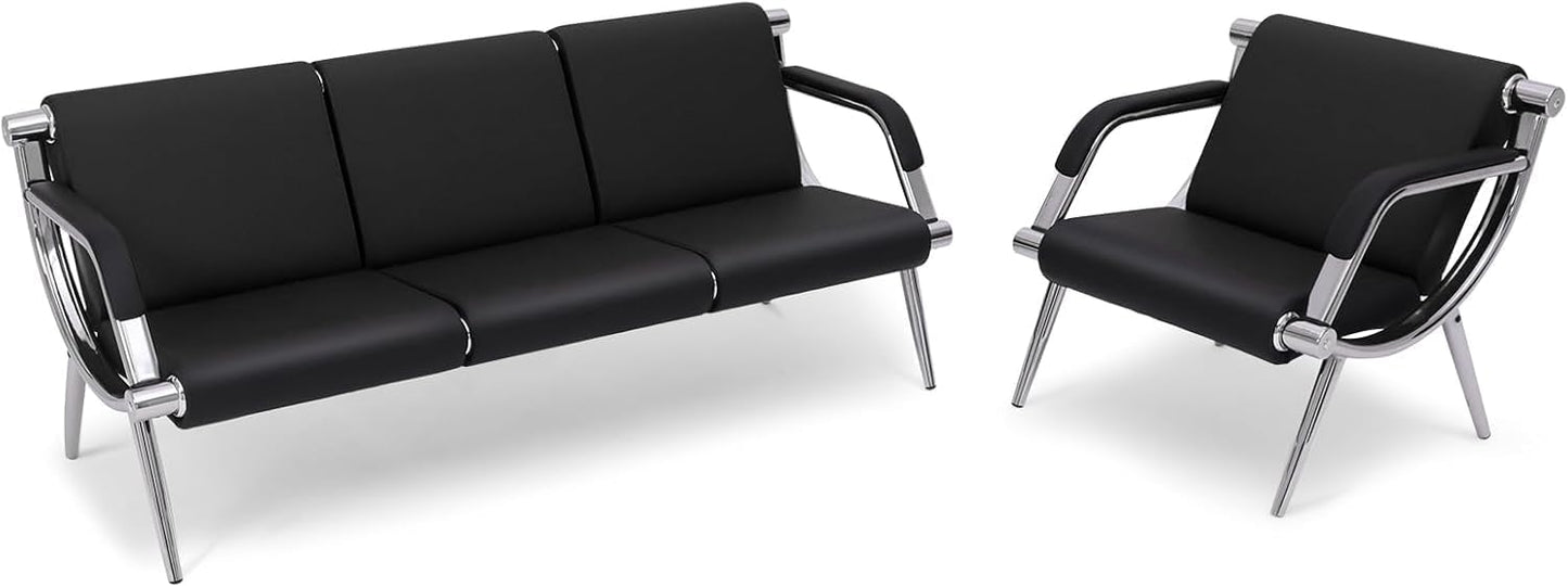 wonline 4 Seat Waiting Room Chair with Armrest PU Leather Office Furniture, Office Guest Seating Lobby Conference Reception Chairs for Airport Clinic Hospital Bank Salon Barber(Black)