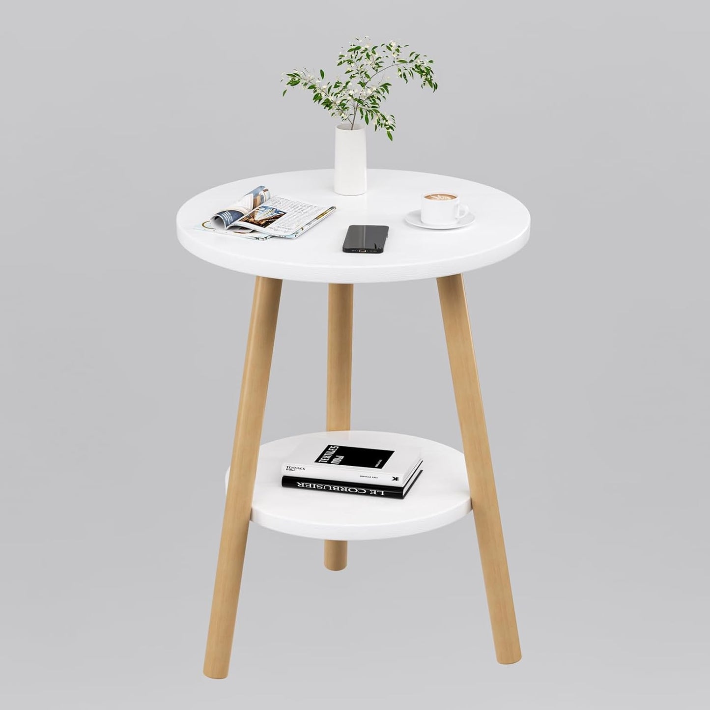 OERGKE Round End Table, Small Side Tables with Lower Shelf, Coffee Table, Bedside Table, Mid Century Modern Nightstand for Living Room, Bedroom, Corners and Office (White)