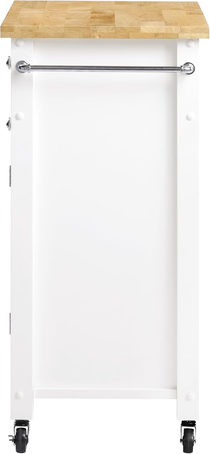 OSP Home Furnishings Derry Modern Farmhouse Kitchen Cart with Natural Butcher Block Top, Rolling Storage Cabinet with Drawer, Shelves, Hooks, White Finish