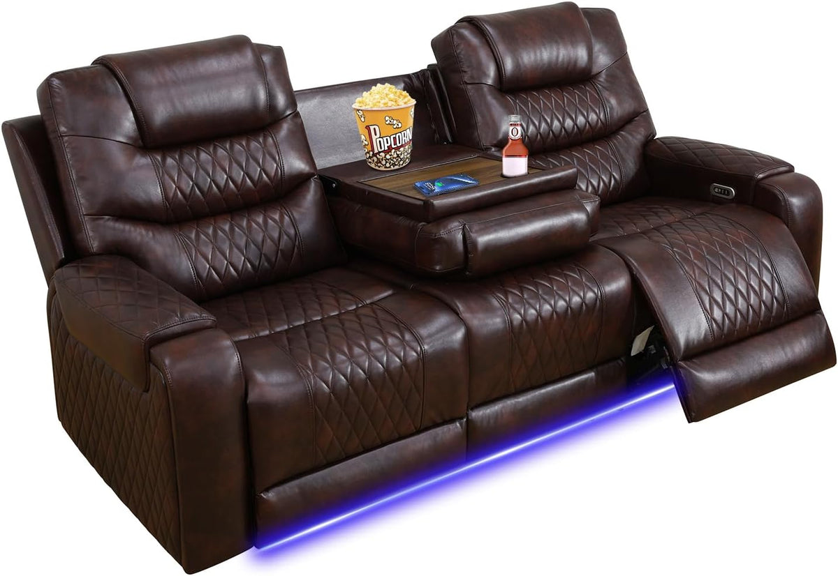 PU Leather Power Wall Hugger Chair Double Reclining Sectional Sofa 3-Seater Loveseat Couch with Reversible Coffee Table, Wireless Chargers, USB Port and Ambient LED Light for Living Room RV Theater