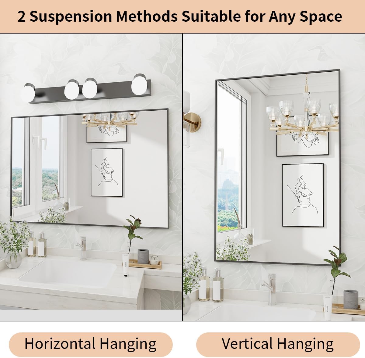 Koonmi Black Mirrors for Wall, 36x60 Inch Bathroom Mirror, Rectangular Wall Mirror for Living Room Bedroom Bathroom, Hangs Horizontally or Vertically